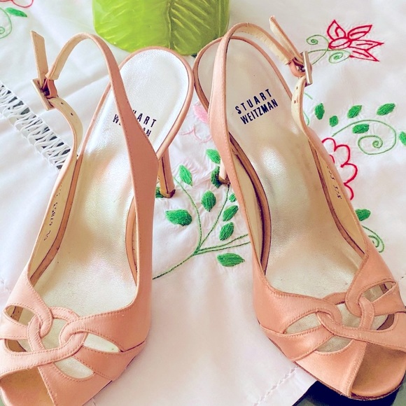 Pink Silk Stuart Weitzman Open Toe Slingback Heels - Picture 2 of 16